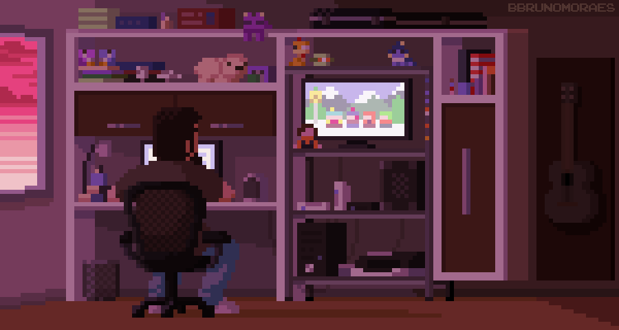 Pixel-art animation of a player at a desk in a cosy bedroom games room